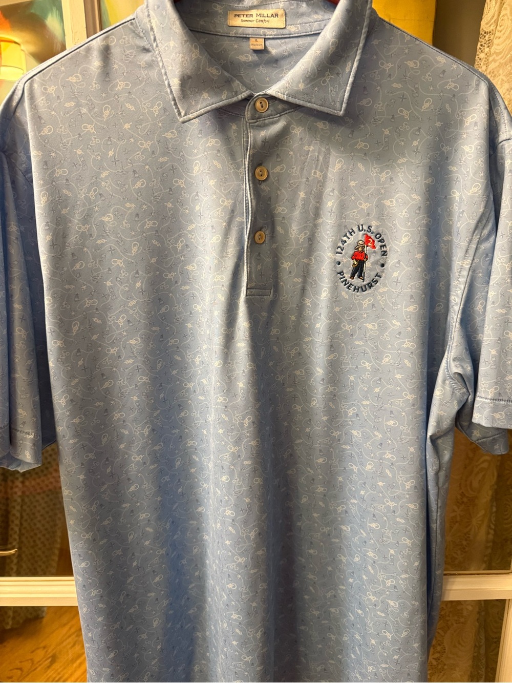 Peter Millar Light Blue Performance Polo with Pinehurst US Open Crest